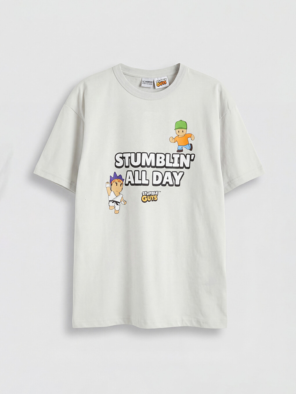 Bej Bisiklet Yaka Stumble Guys Baskılı Erkek Çocuk Tişört