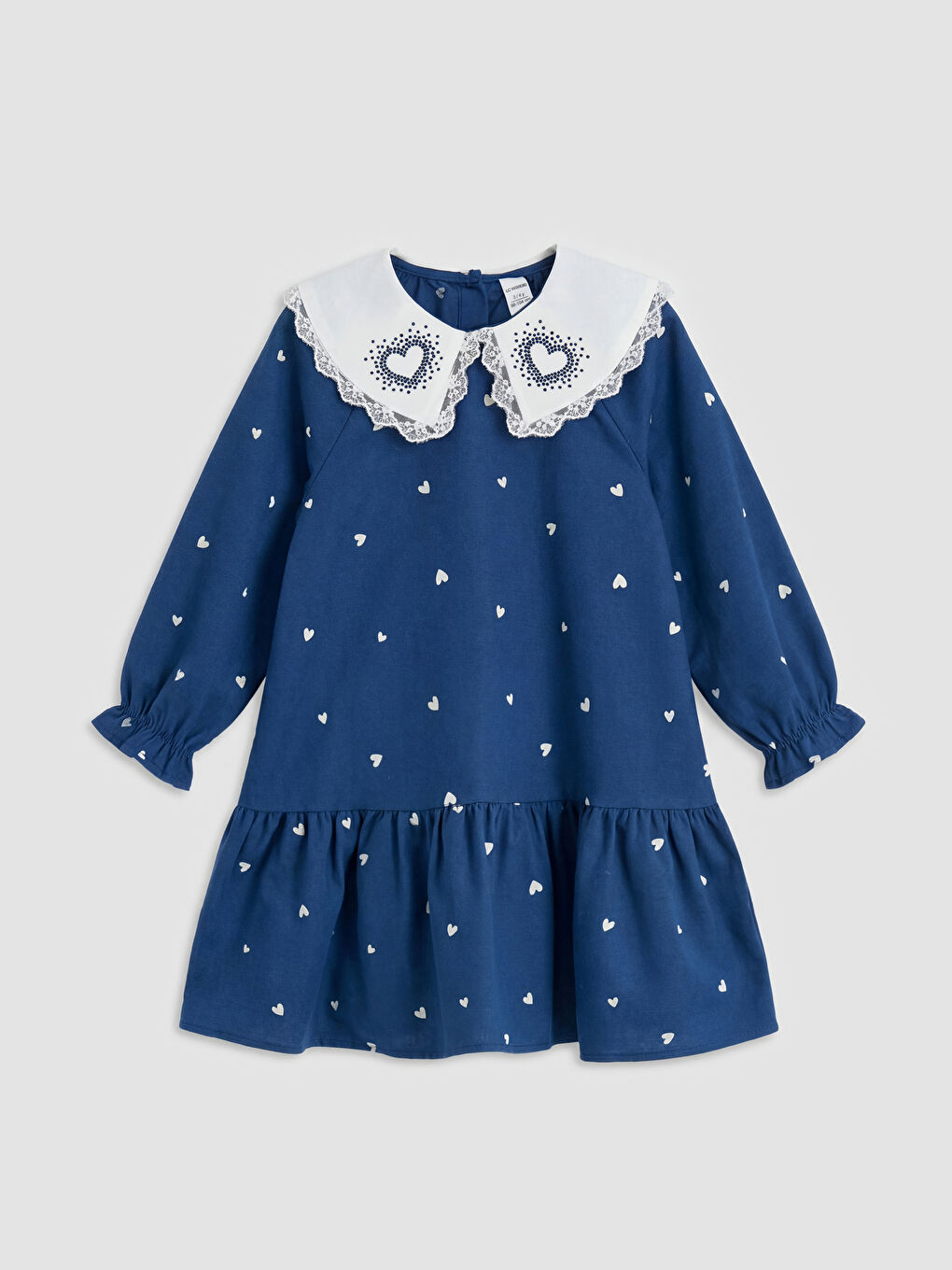 Lacivert Bebe Yaka Taşlı Kız Çocuk Fırfırlı Elbise