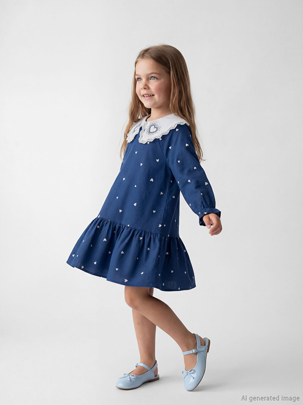 Lacivert Bebe Yaka Taşlı Kız Çocuk Fırfırlı Elbise-1