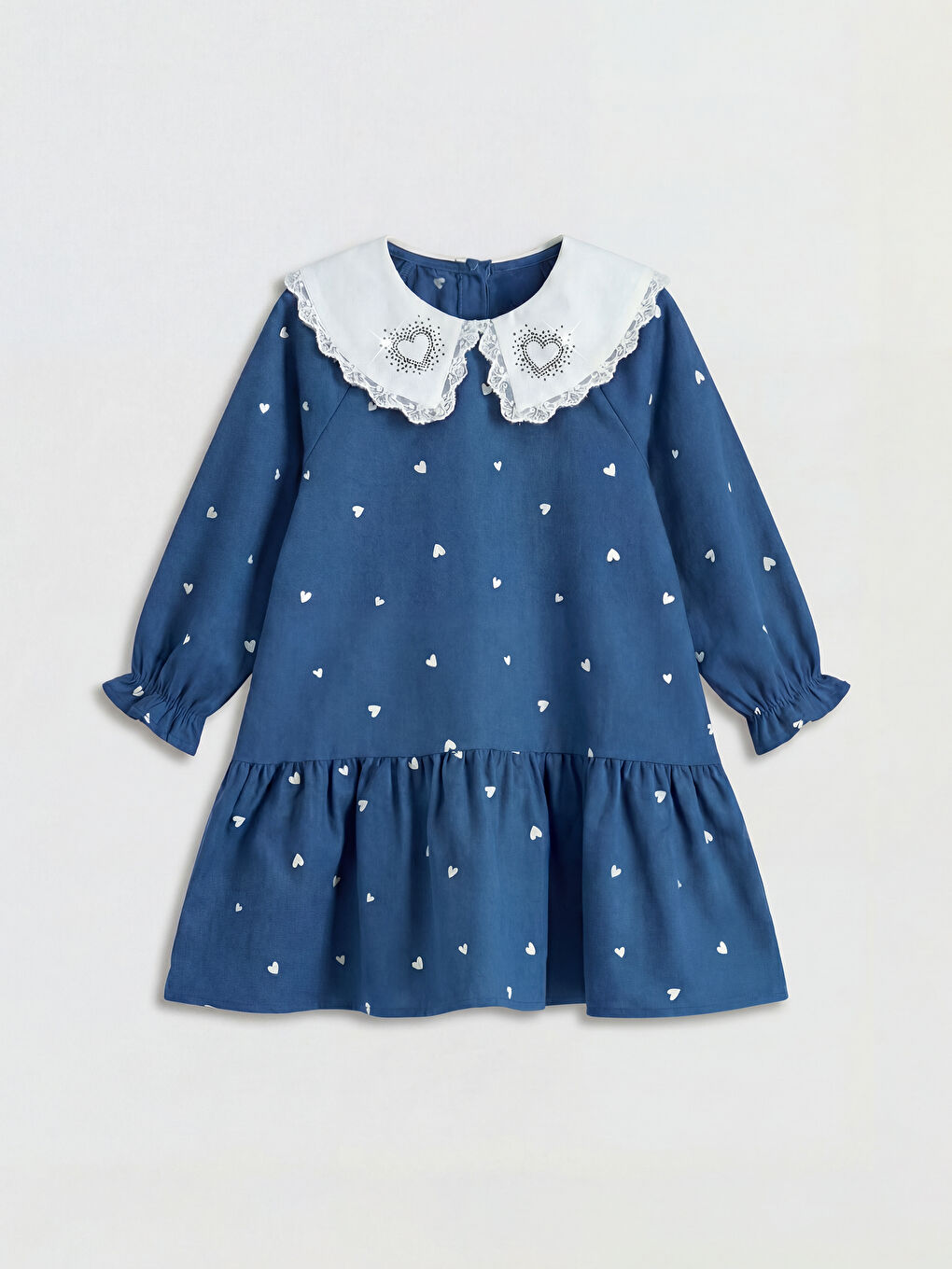 Lacivert Bebe Yaka Taşlı Kız Çocuk Fırfırlı Elbise-2