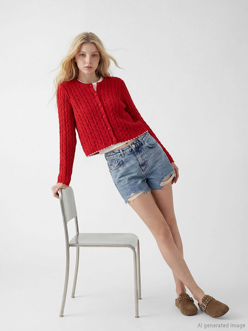 Kırmızı Bisiklet Yaka Kendinden Desenli Kadın Triko Hırka-1