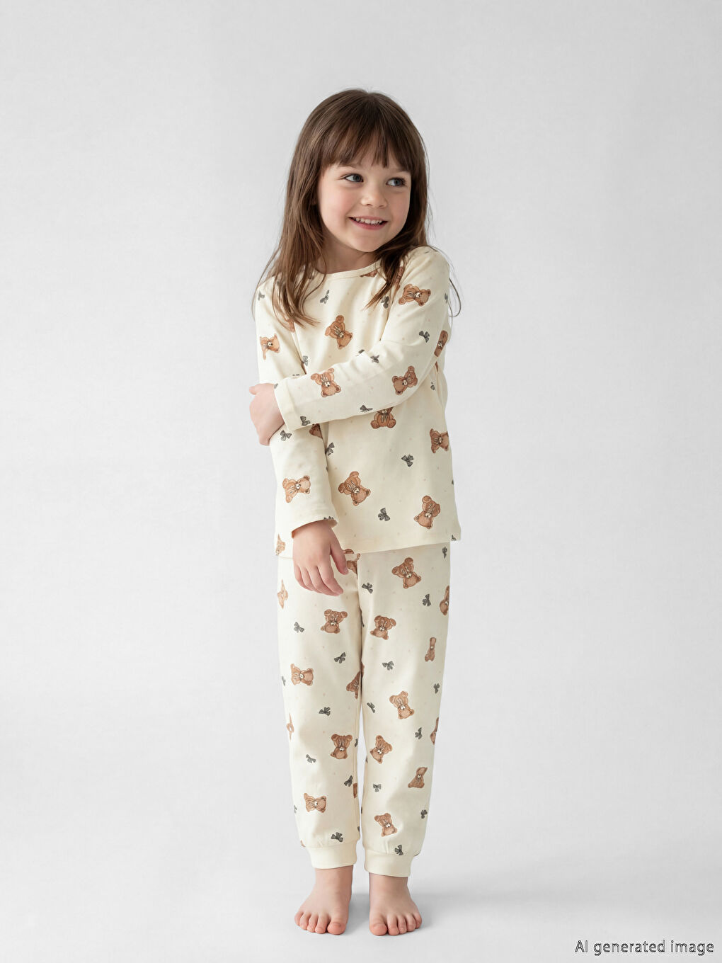 Ekru Bisiklet Yaka Baskılı Kız Çocuk Pijama Takım