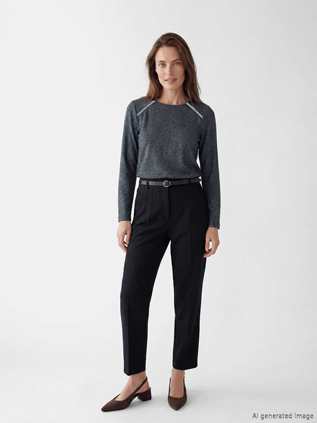 Antrasit Bisiklet Yaka Kadın Tişört-1