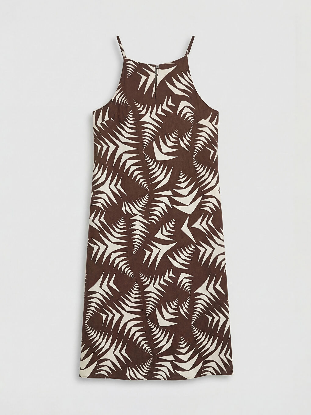 Kahverengi Halter Yaka Desenli İp Askılı Elbise-1