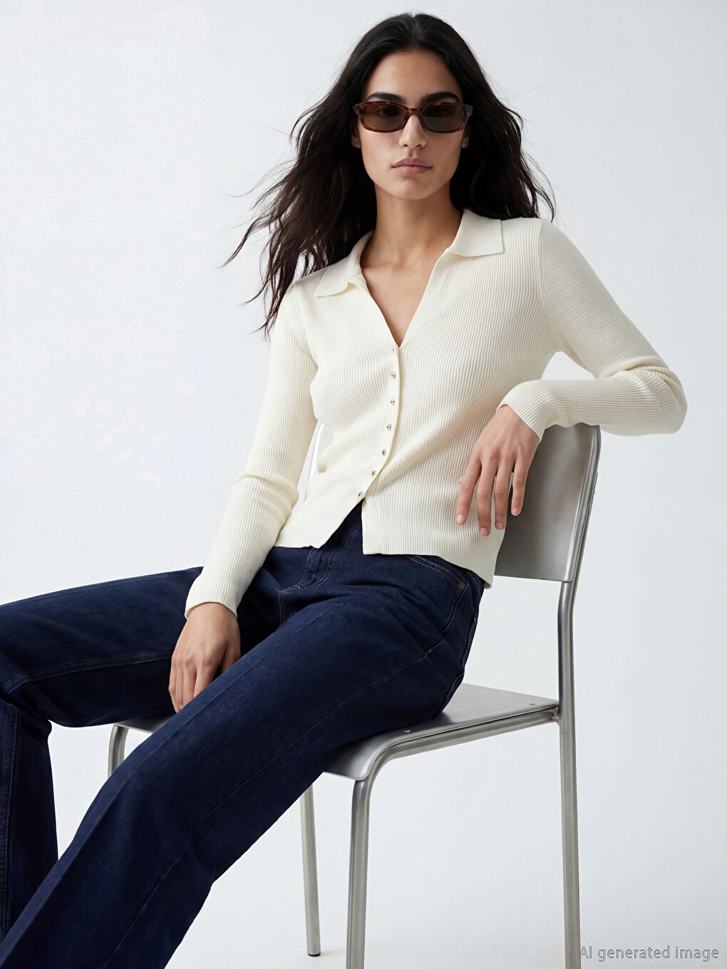 Ekru Polo Yaka Kadın Triko Hırka