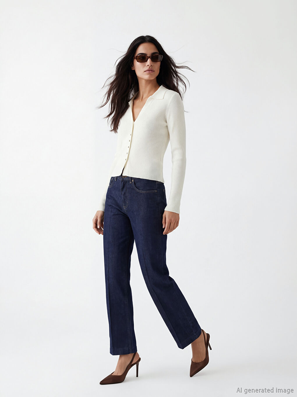 Ekru Polo Yaka Kadın Triko Hırka-1