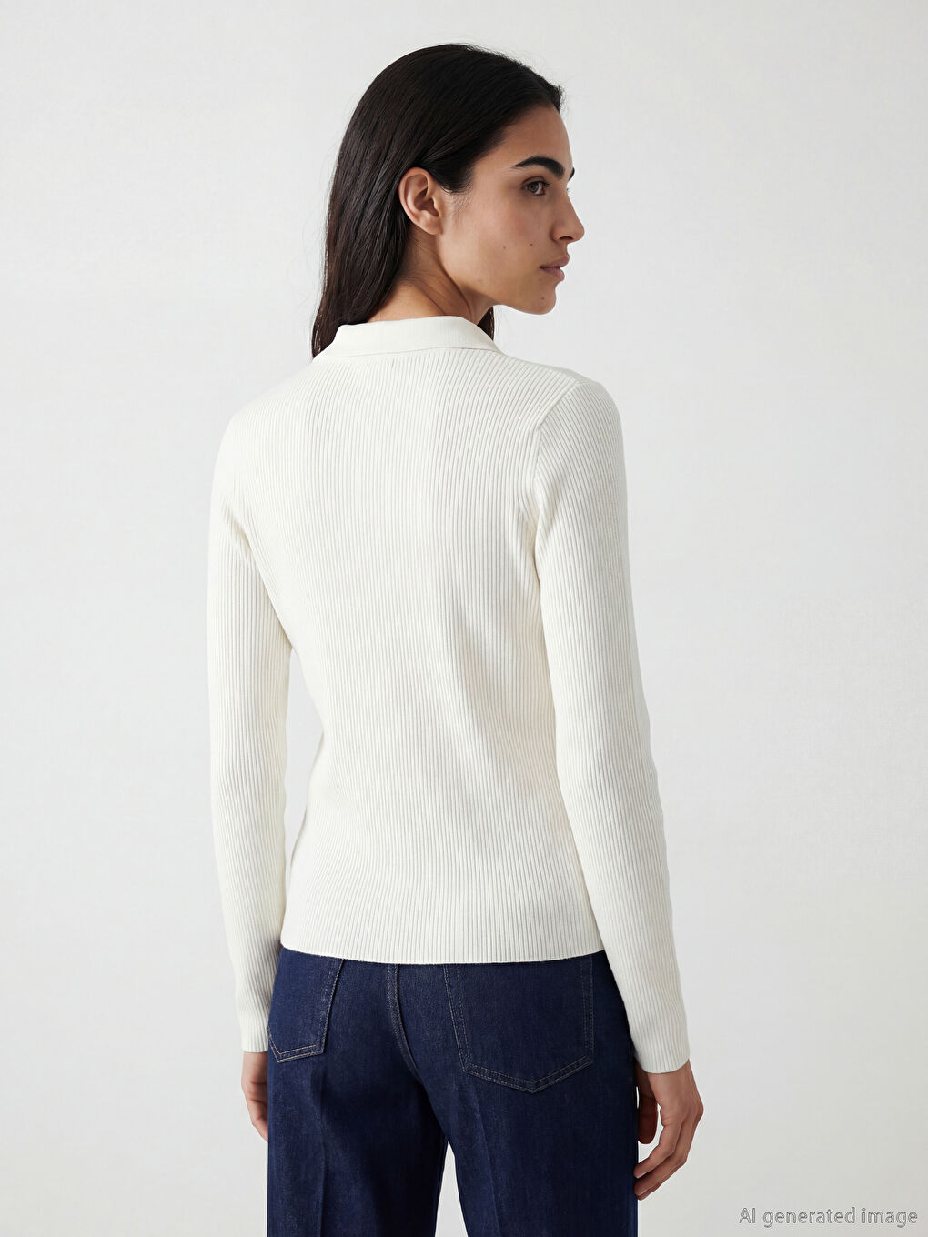 Ekru Polo Yaka Kadın Triko Hırka-2