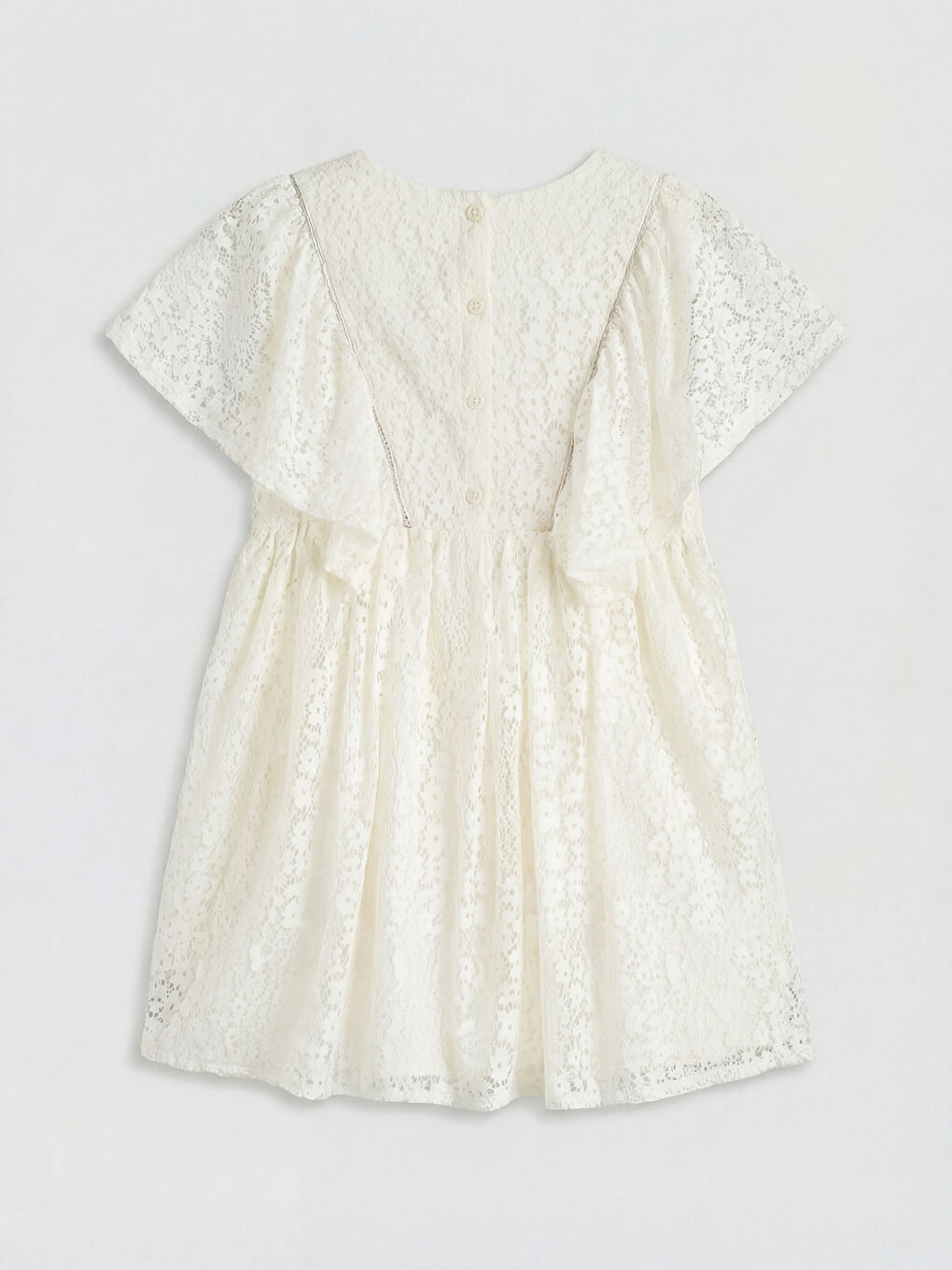 Ekru Bisiklet Yaka Kız Çocuk Dantel Elbise-1