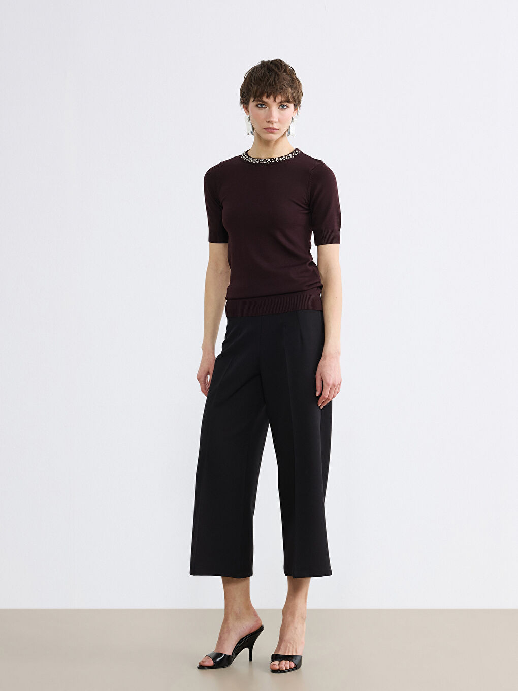 Bordo Bisiklet Yaka Taşlı Kadın Triko Kazak-1