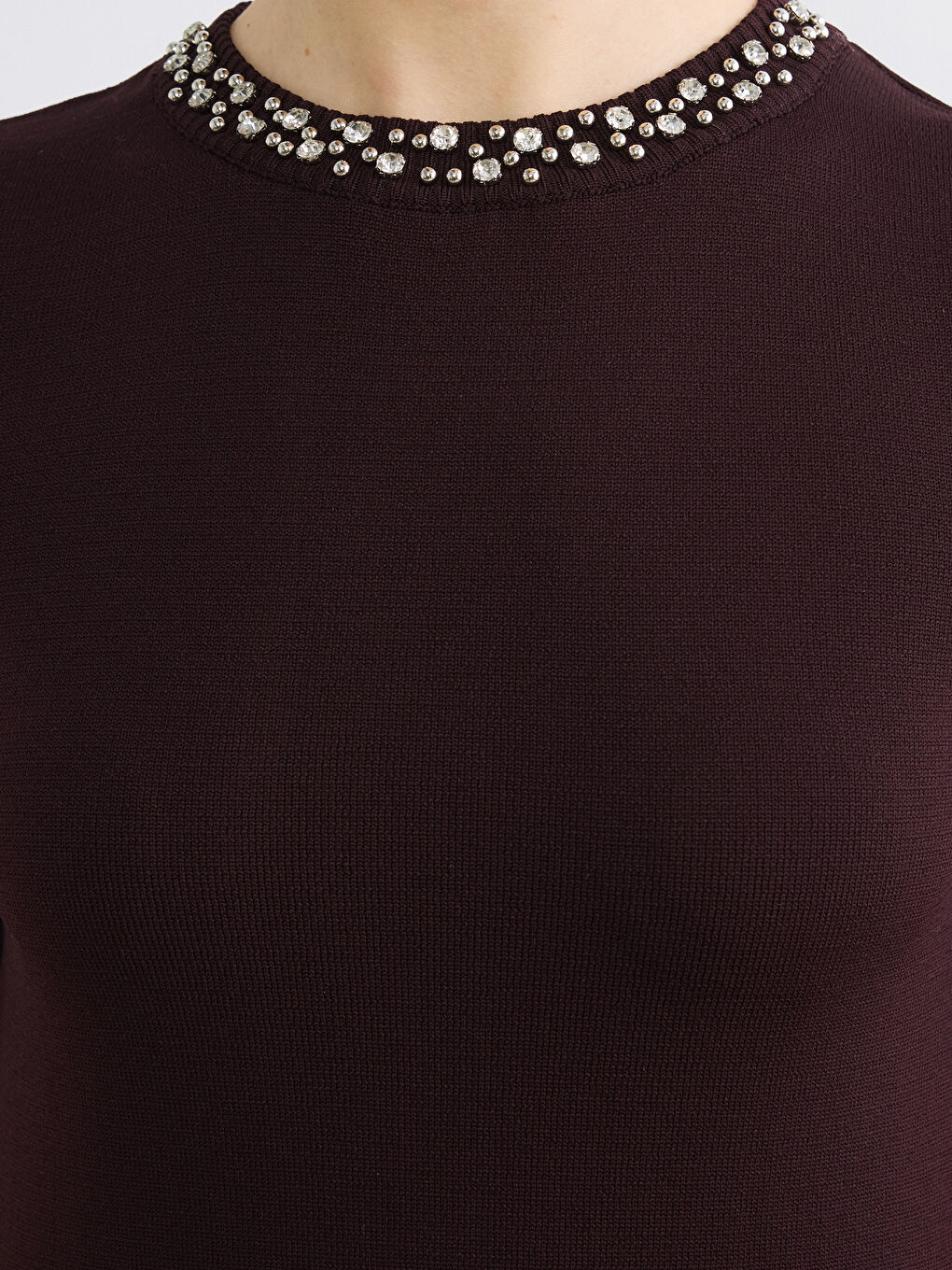 Bordo Bisiklet Yaka Taşlı Kadın Triko Kazak-2