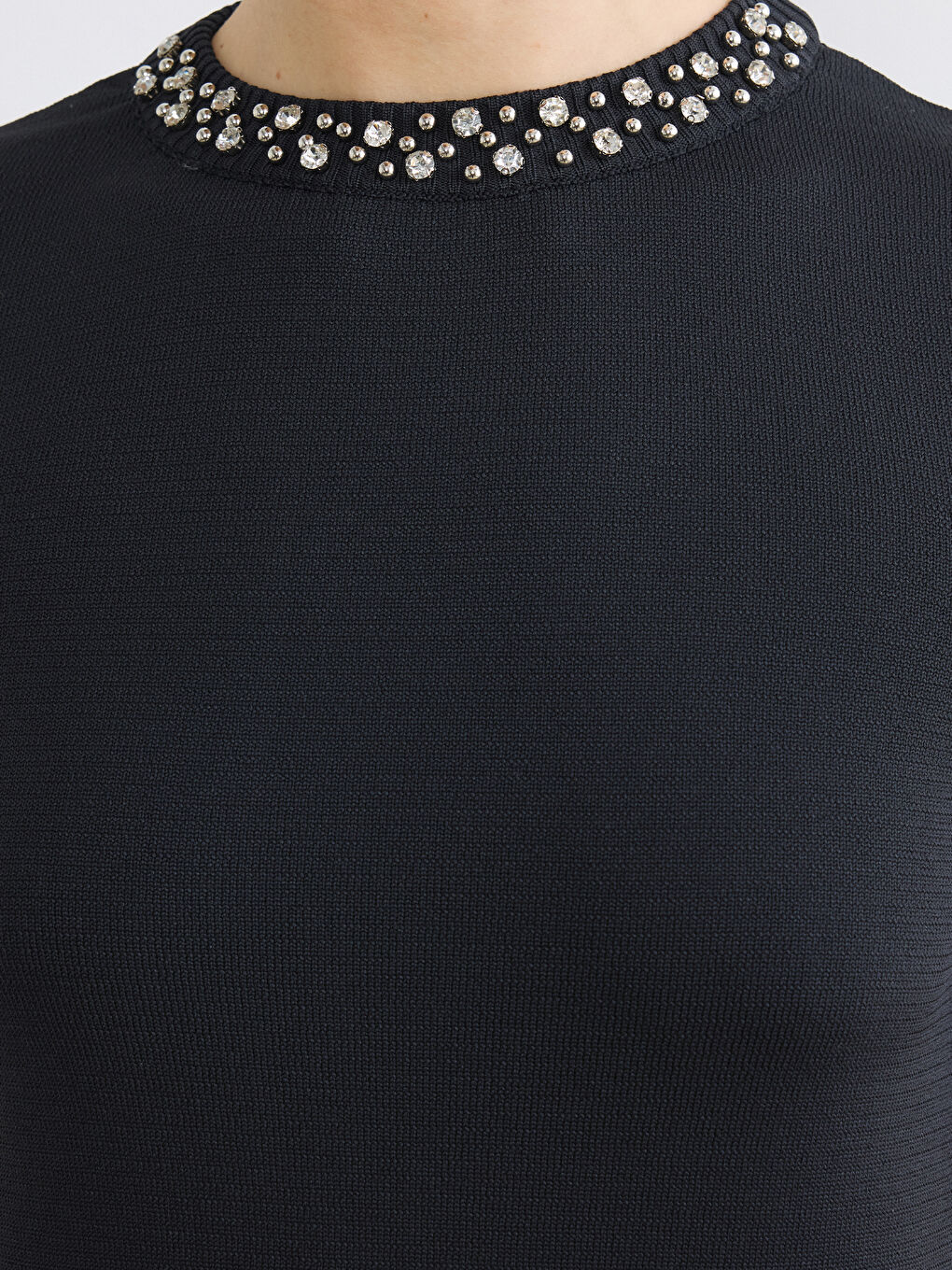 Gri Bisiklet Yaka Taşlı Kadın Triko Kazak-2