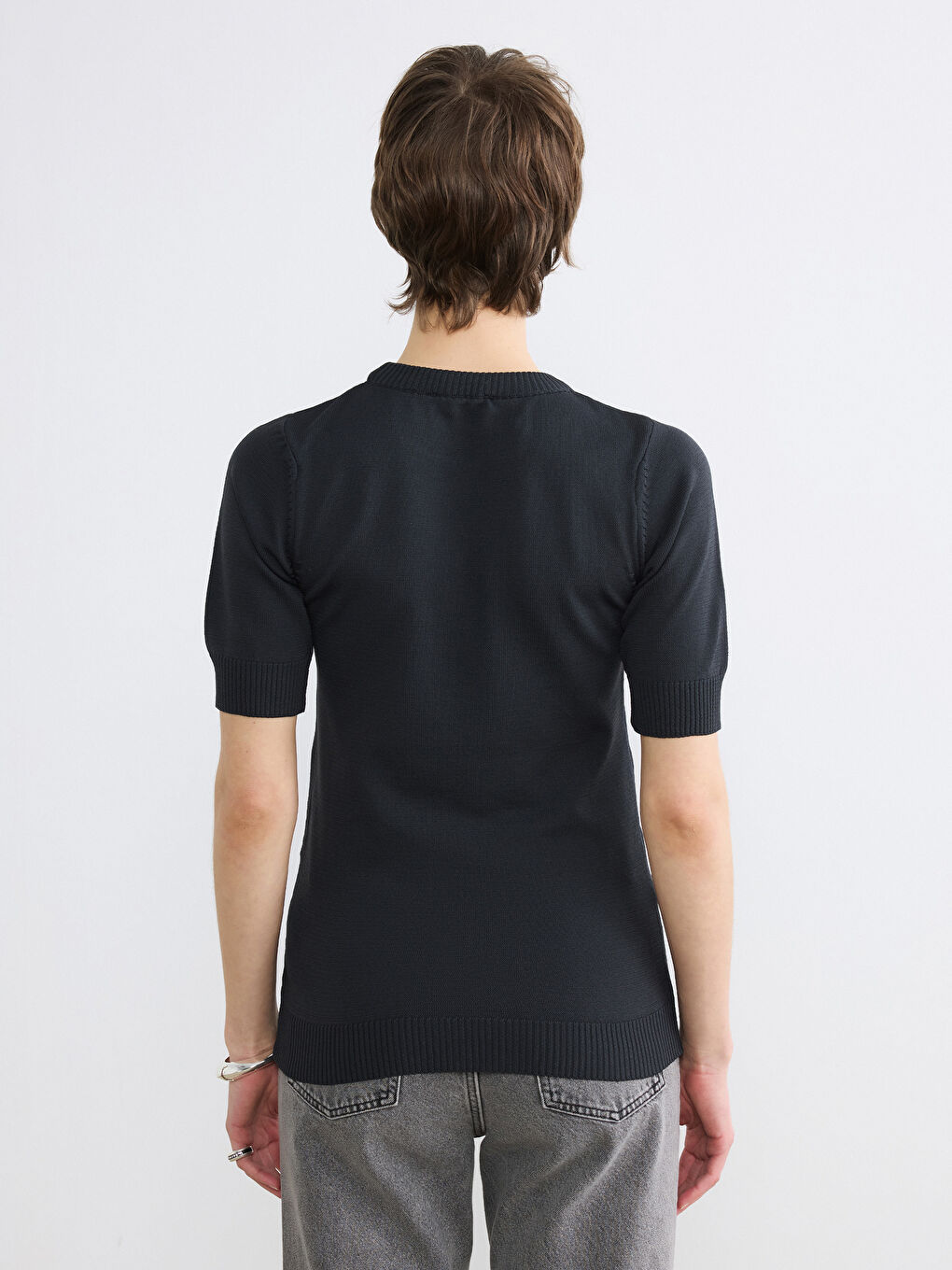 Gri Bisiklet Yaka Taşlı Kadın Triko Kazak-3