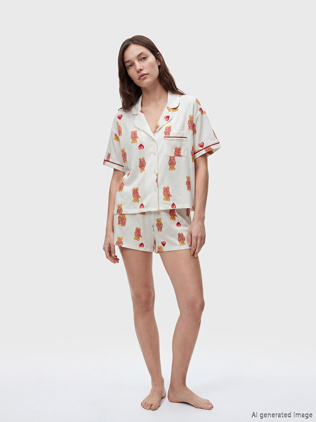 Ekru Ayı Teddy Desenli Kadın Şortlu Pijama Takımı-1