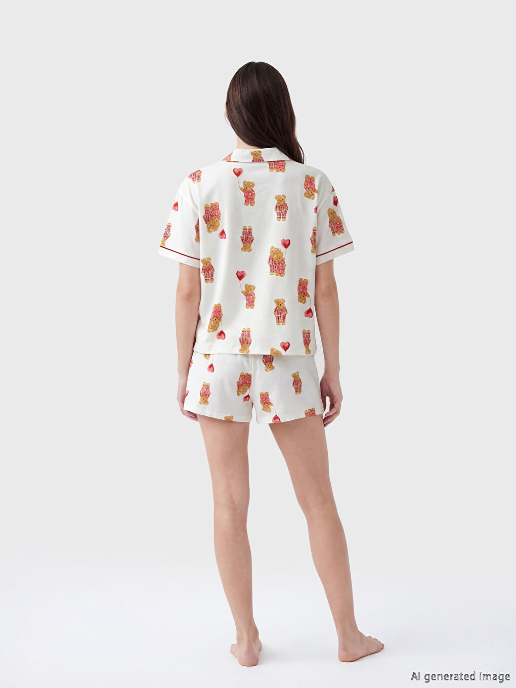 Ekru Ayı Teddy Desenli Kadın Şortlu Pijama Takımı-3