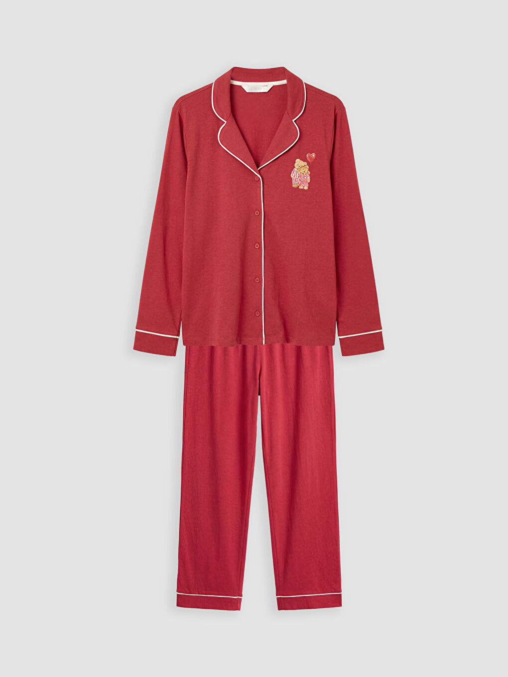 Bordo Gömlek Yaka Ayı Teddy Baskılı Kadın Pijama Takım