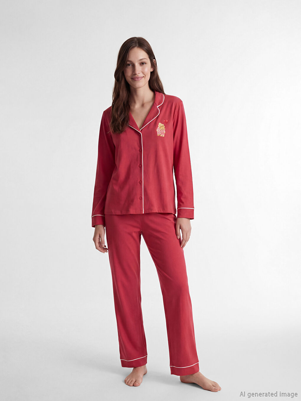 Bordo Gömlek Yaka Ayı Teddy Baskılı Kadın Pijama Takım