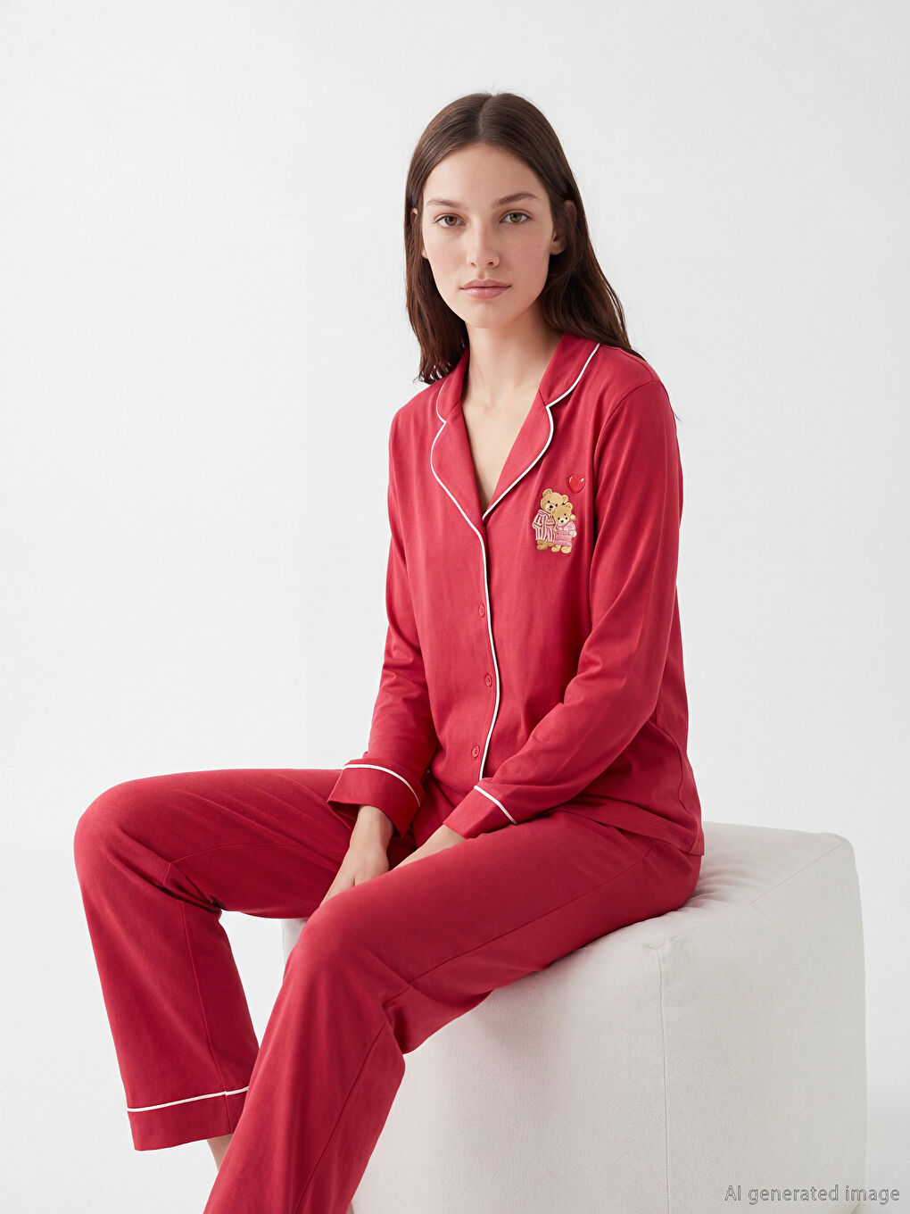 Bordo Gömlek Yaka Ayı Teddy Baskılı Kadın Pijama Takım-1