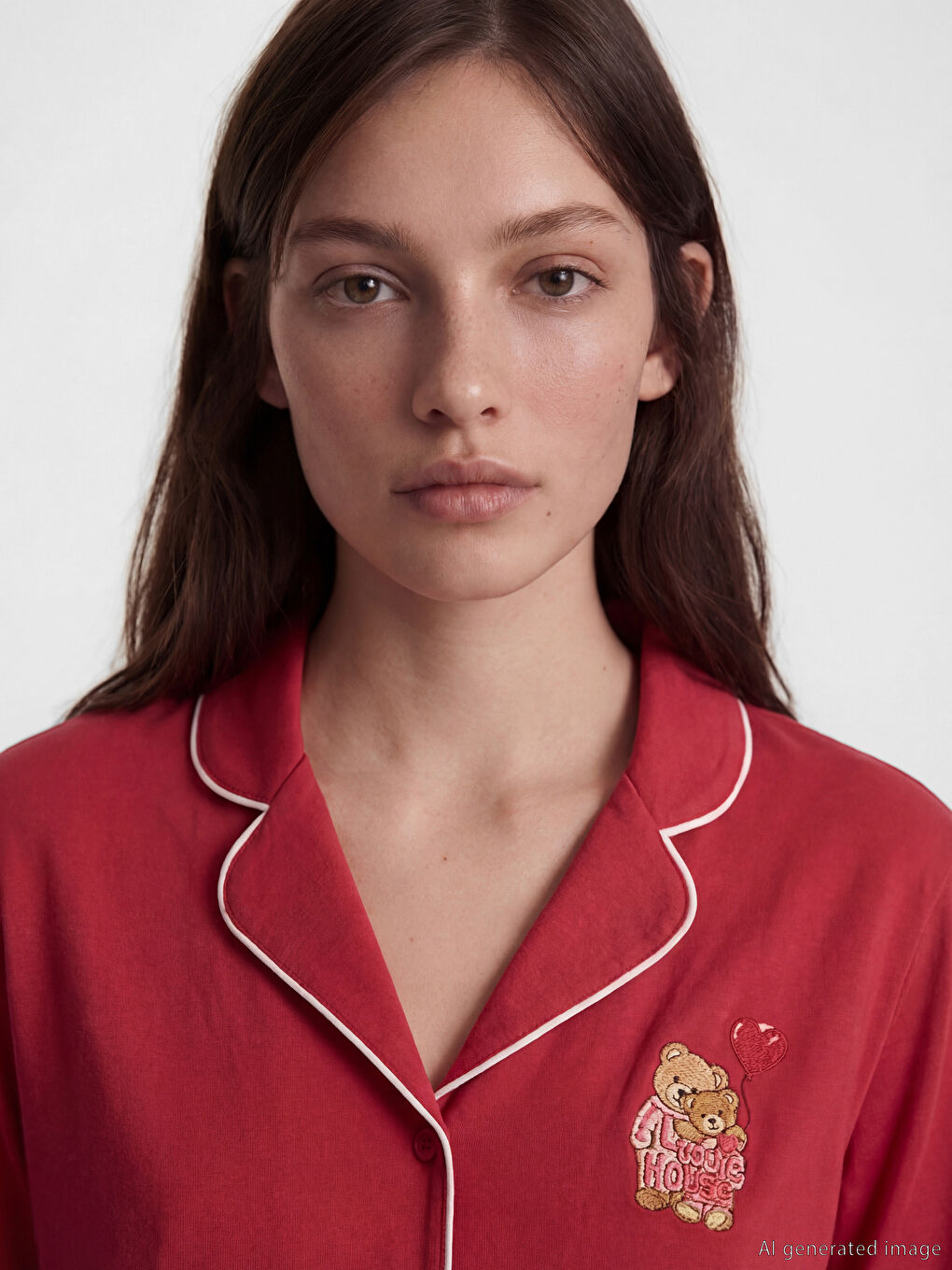 Bordo Gömlek Yaka Ayı Teddy Baskılı Kadın Pijama Takım-2