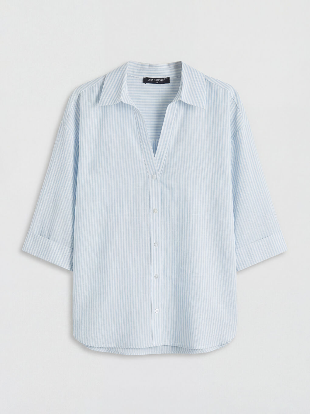 Mavi Kaçık Yaka Çizgili Kadın Gömlek