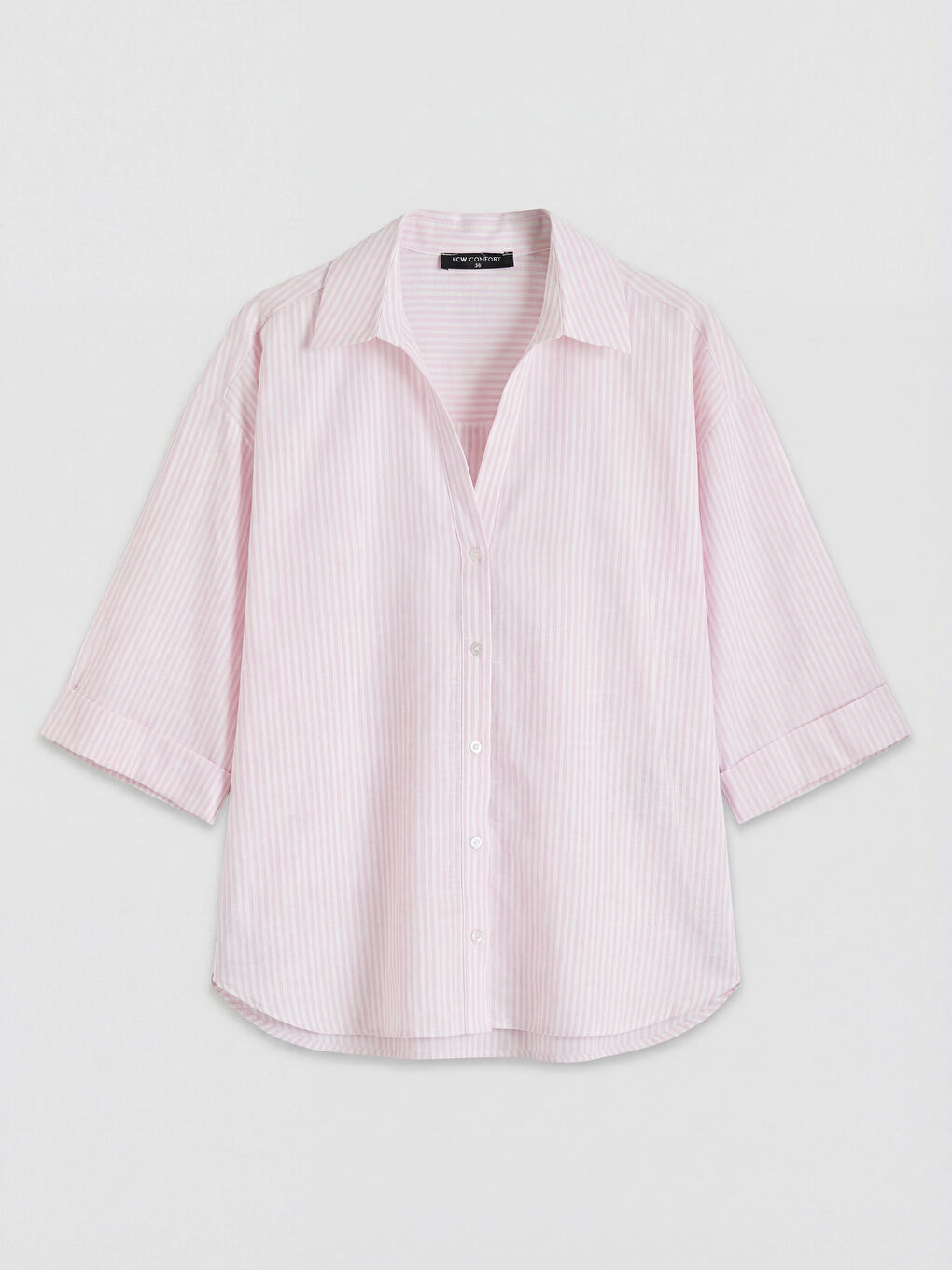 Pembe Kaçık Yaka Çizgili Kadın Gömlek