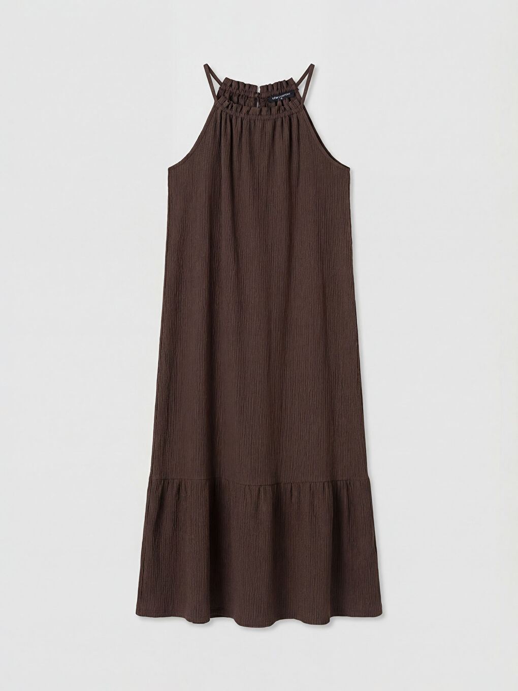 Kahverengi Fırfırlı Halter Yaka Elbise
