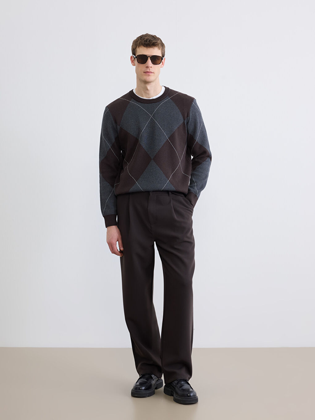 Antrasit Bisiklet Yaka Baklava Desenli Erkek Triko Kazak-1