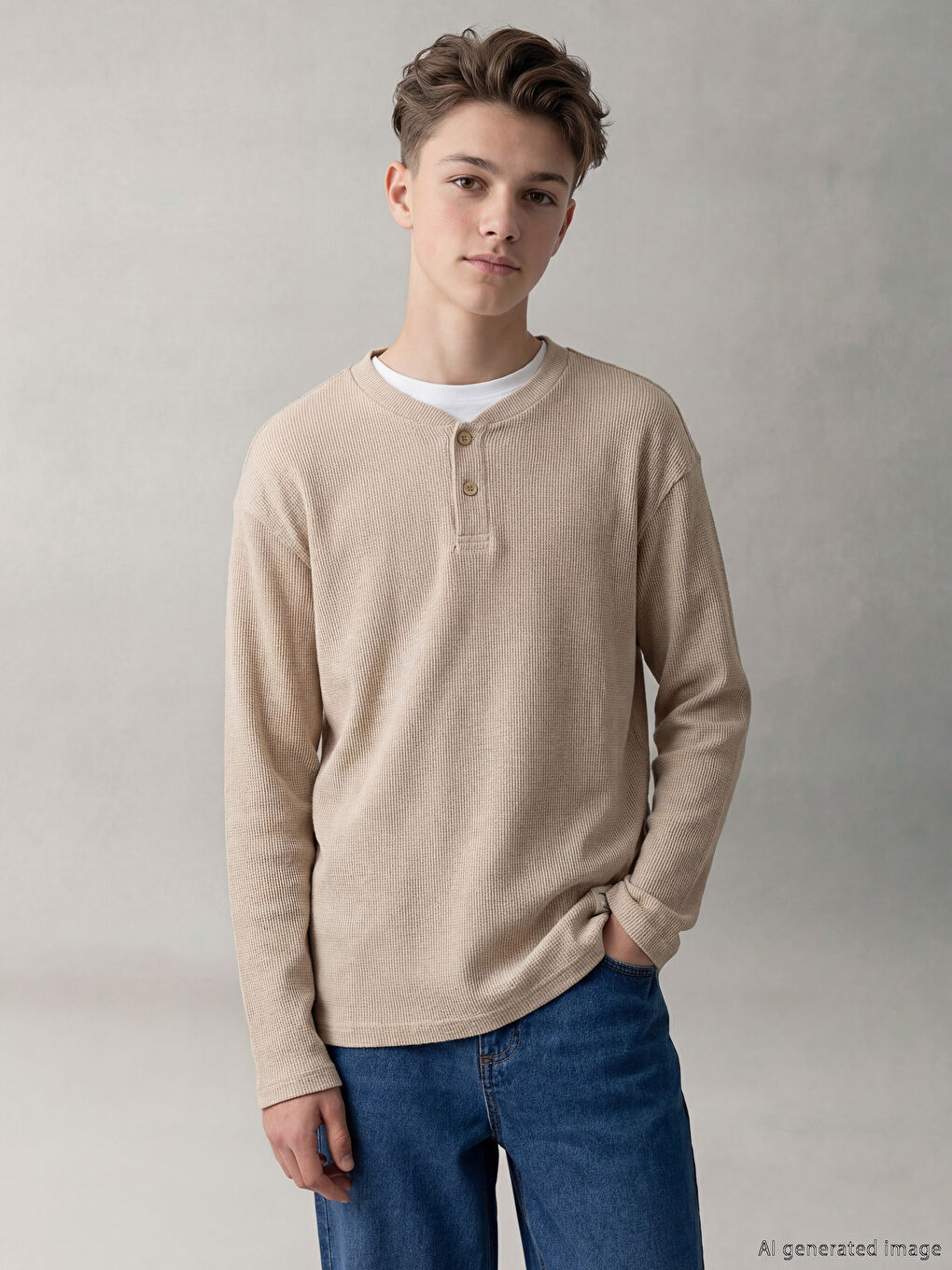 Bej Bisiklet Yaka Erkek Çocuk Dokulu Tişört-1