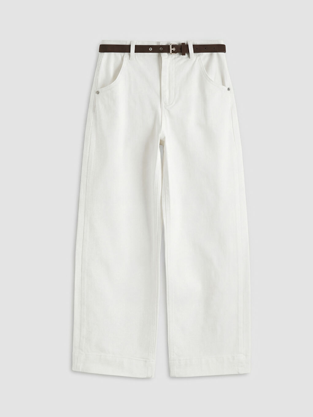 Beyaz Beli Kemerli Wideleg Kadın Jean Pantolon