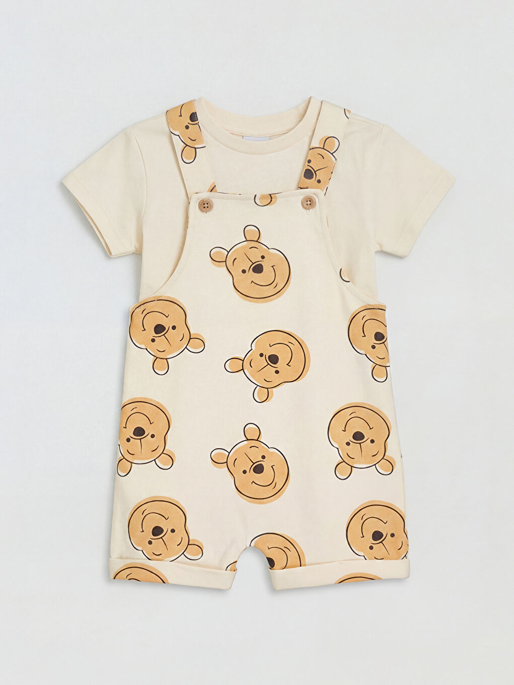 Ekru Winnie the Pooh Baskılı Erkek Bebek Salopet ve Tişört