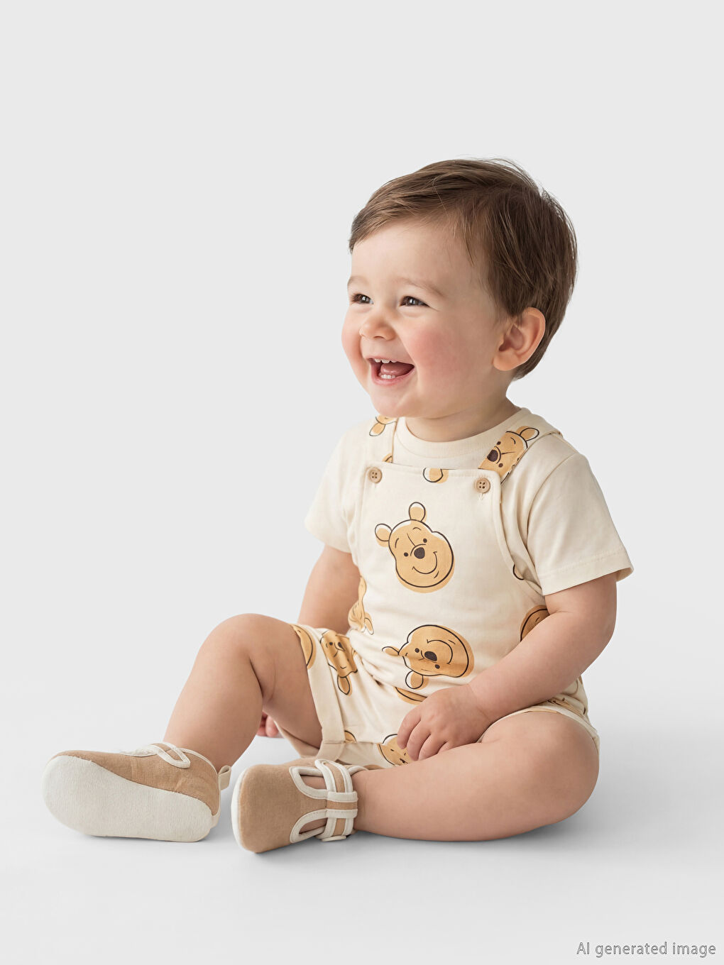 Ekru Winnie the Pooh Baskılı Erkek Bebek Salopet ve Tişört