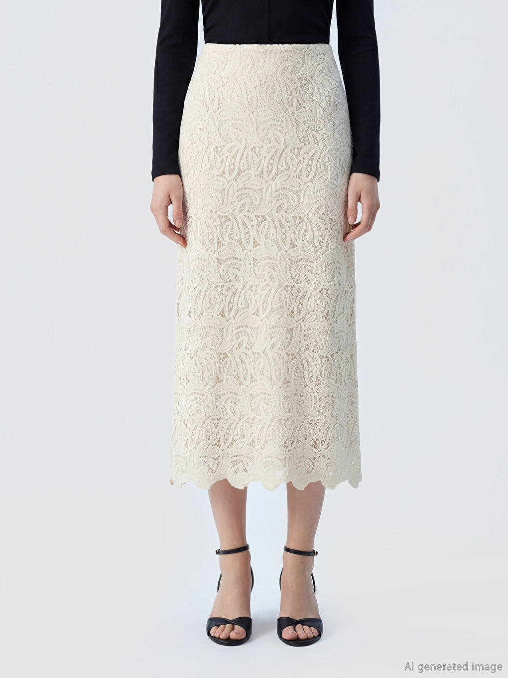 Ekru Beli Lastikli Dantelli A Kesim Etek-1