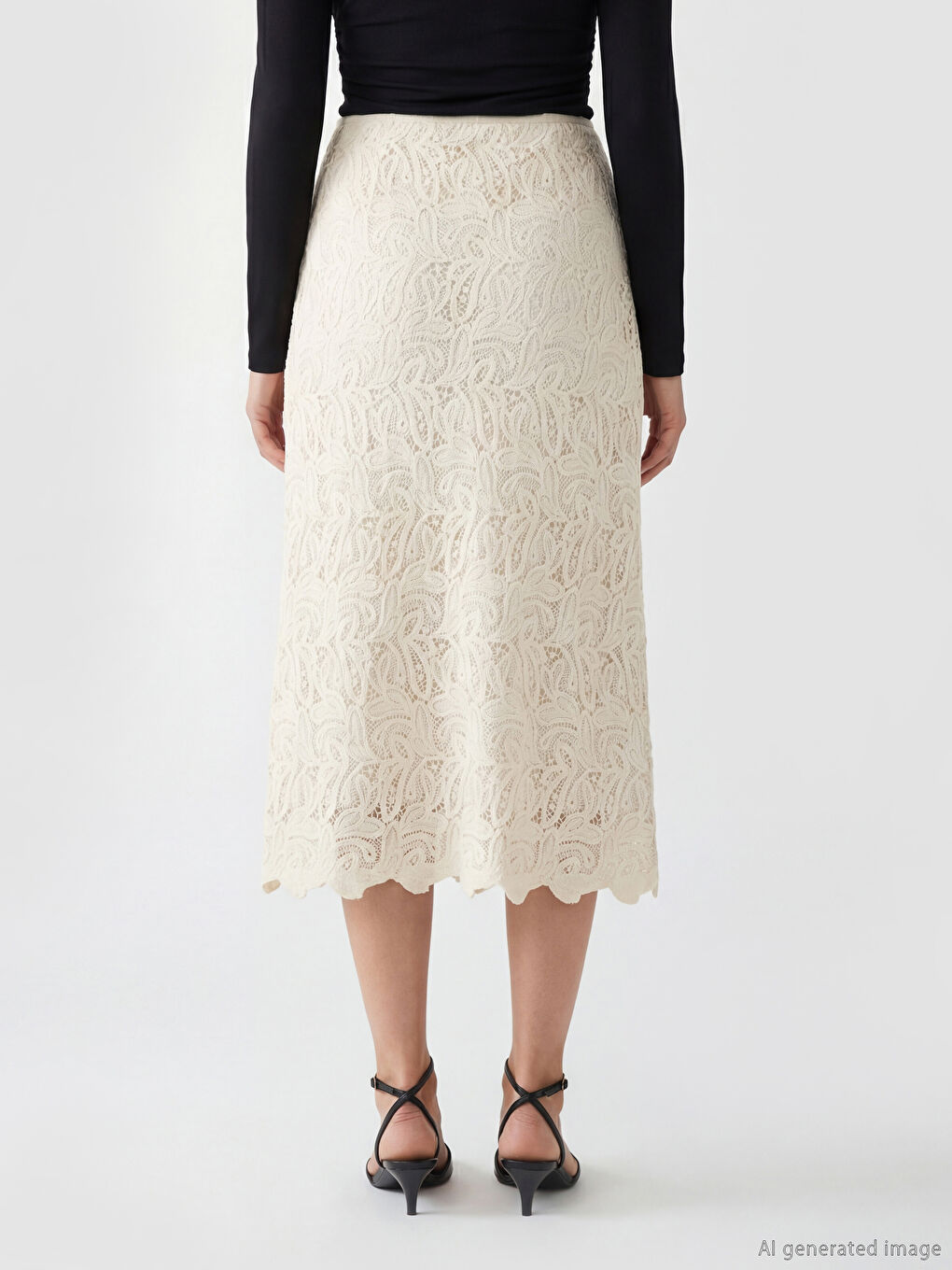 Ekru Beli Lastikli Dantelli A Kesim Etek-2