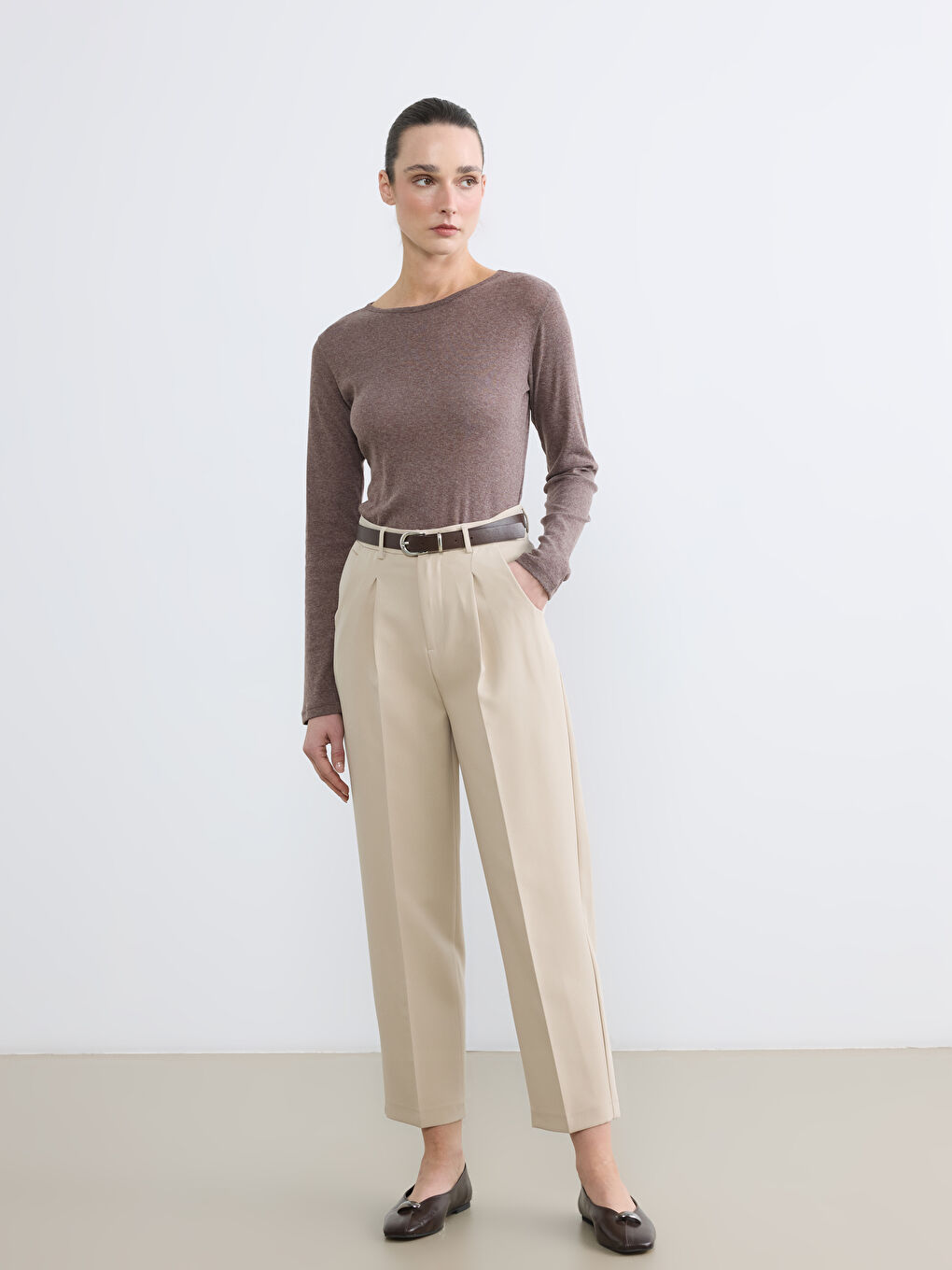 Kahverengi Ekstra Dar Fit Bisiklet Yaka Uzun Kollu Kadın Body-1