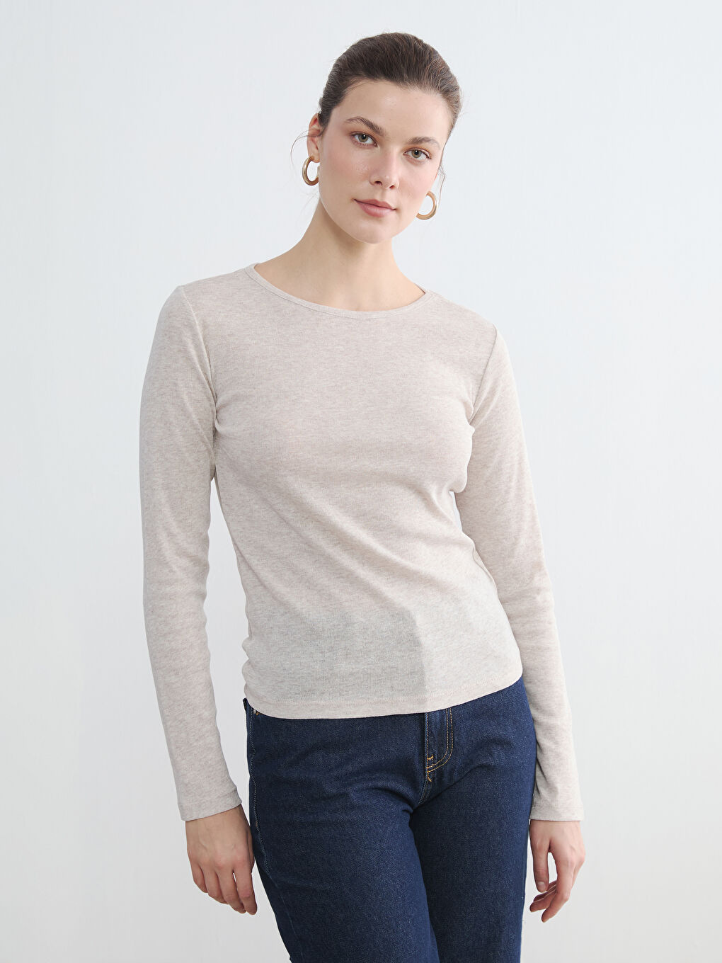 Bej Bisiklet Yaka Kadın Body	