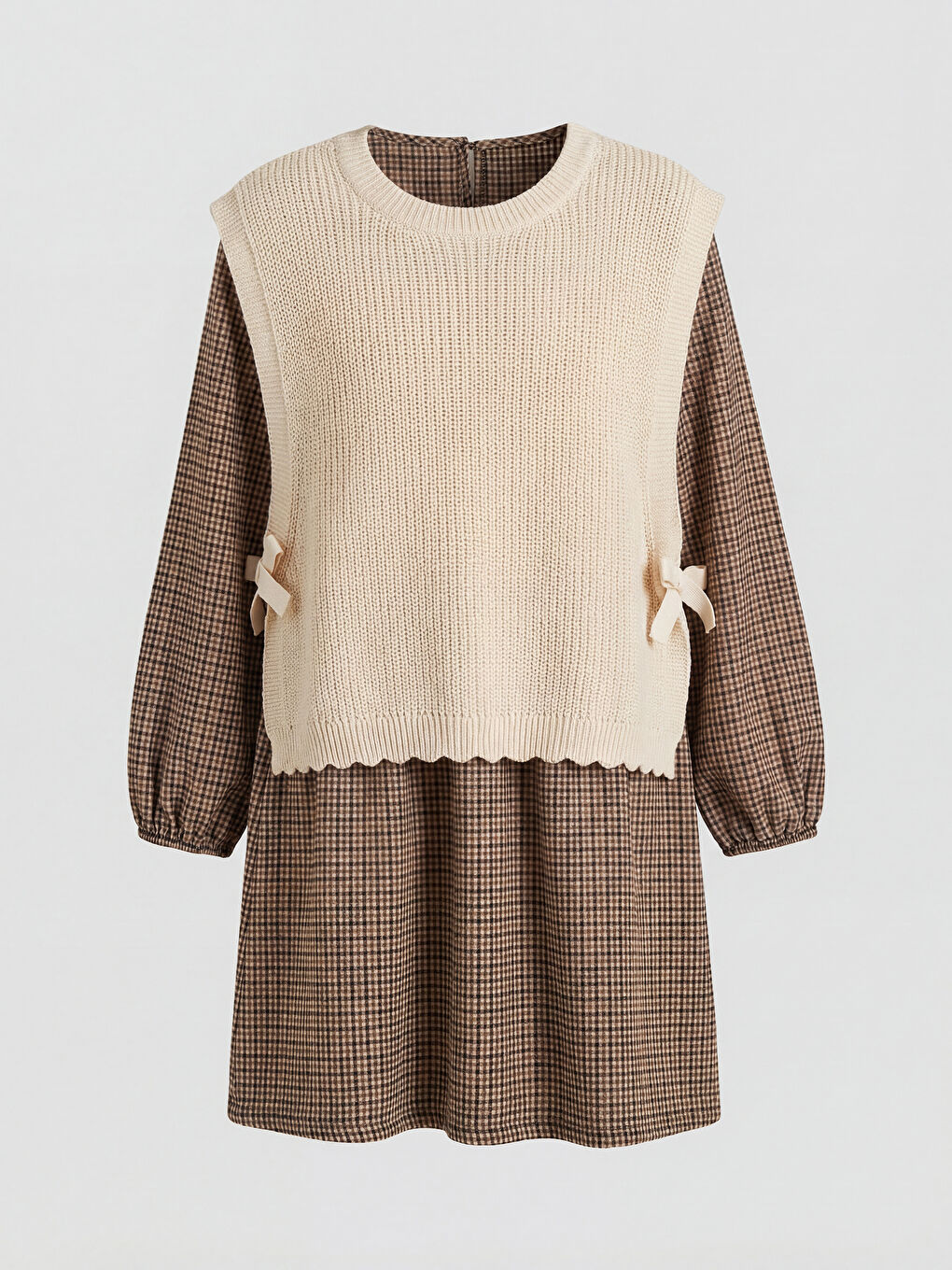 Ekru Bisiklet Yaka Ekose Kız Çocuk Elbise ve Süveter