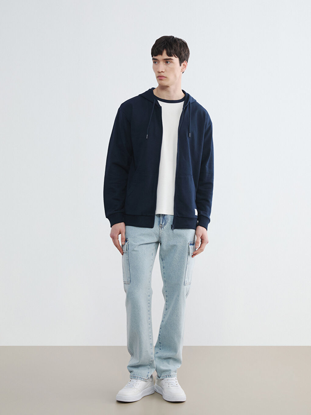 Lacivert Kapüşonlu Erkek Fermuarlı Sweatshirt-1