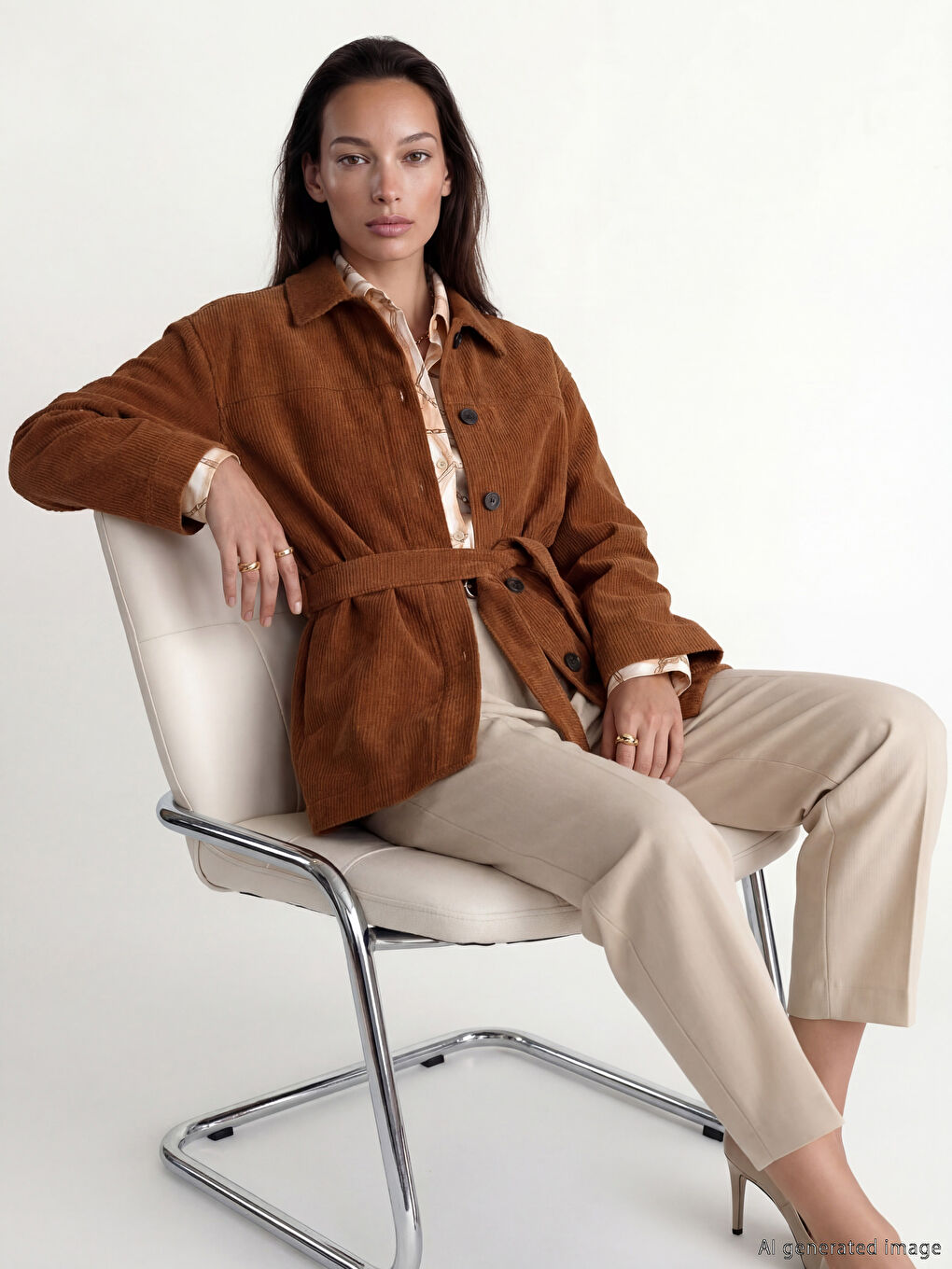 Bej Gömlek Yaka Kuşaklı Kadın Kadife Ceket	