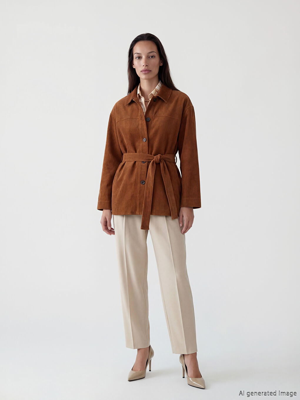 Bej Gömlek Yaka Kuşaklı Kadın Kadife Ceket	-1