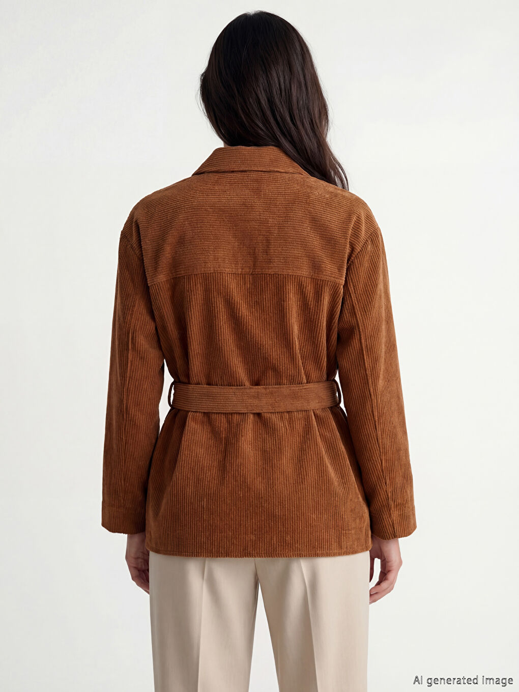 Bej Gömlek Yaka Kuşaklı Kadın Kadife Ceket	-2