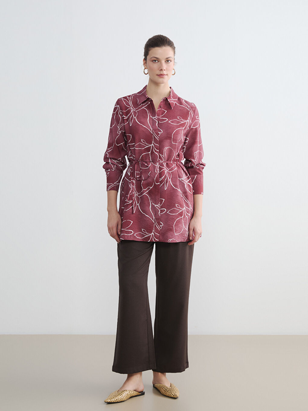 Kırmızı Çiçekli Kuşaklı Kadın Gömlek Tunik-1