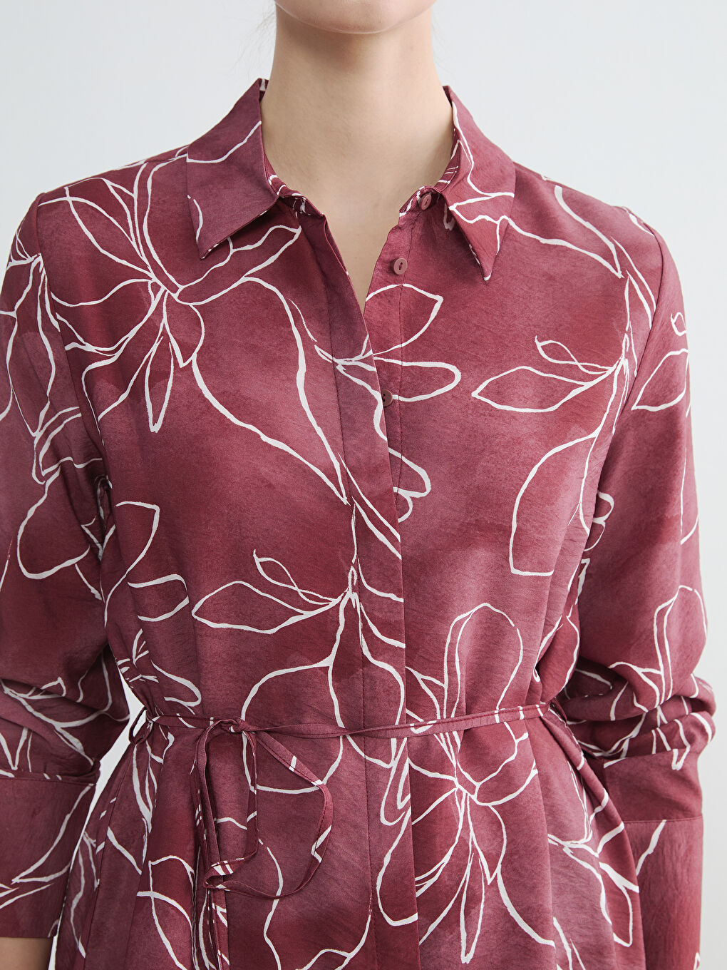 Kırmızı Çiçekli Kuşaklı Kadın Gömlek Tunik-2