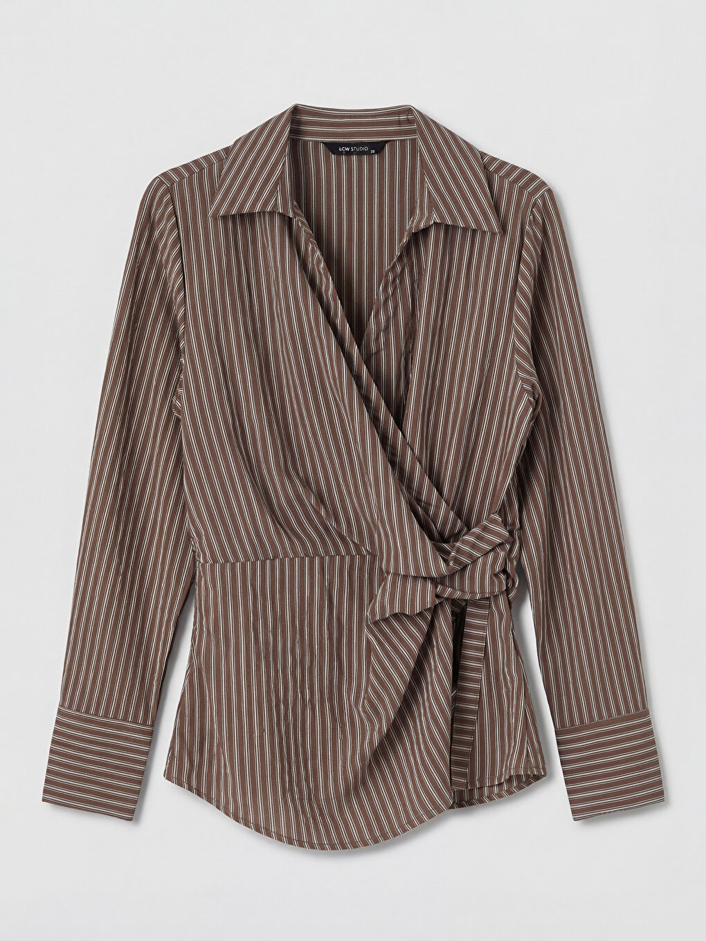 Kahverengi Gömlek Yaka Çizgili Bluz