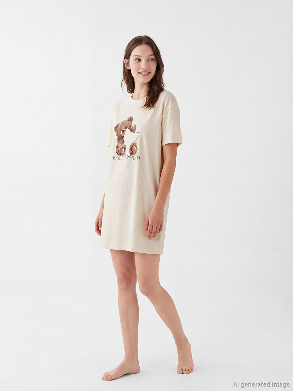 Pembe Bisiklet Yaka Ayı Teddy Baskılı Kadın Gecelik