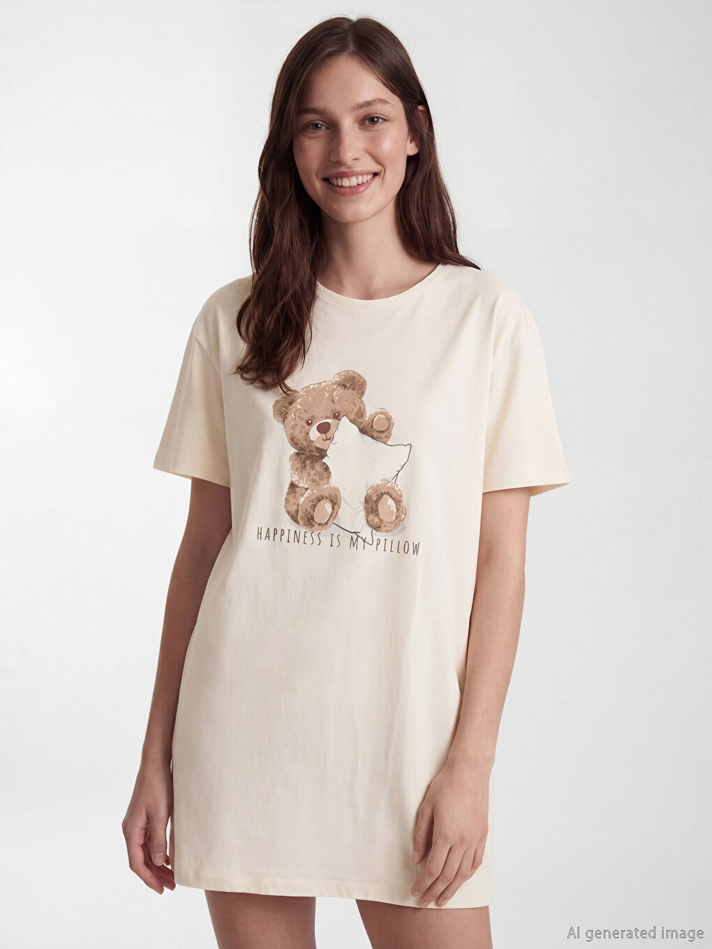 Pembe Bisiklet Yaka Ayı Teddy Baskılı Kadın Gecelik-1