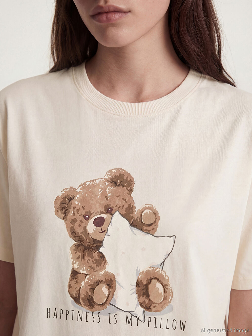 Pembe Bisiklet Yaka Ayı Teddy Baskılı Kadın Gecelik-2