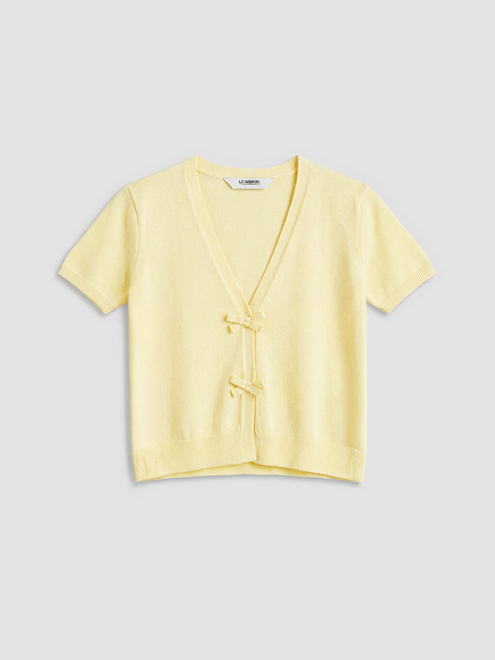 Sarı V Yaka Fiyonk Detaylı Kız Çocuk Triko Hırka