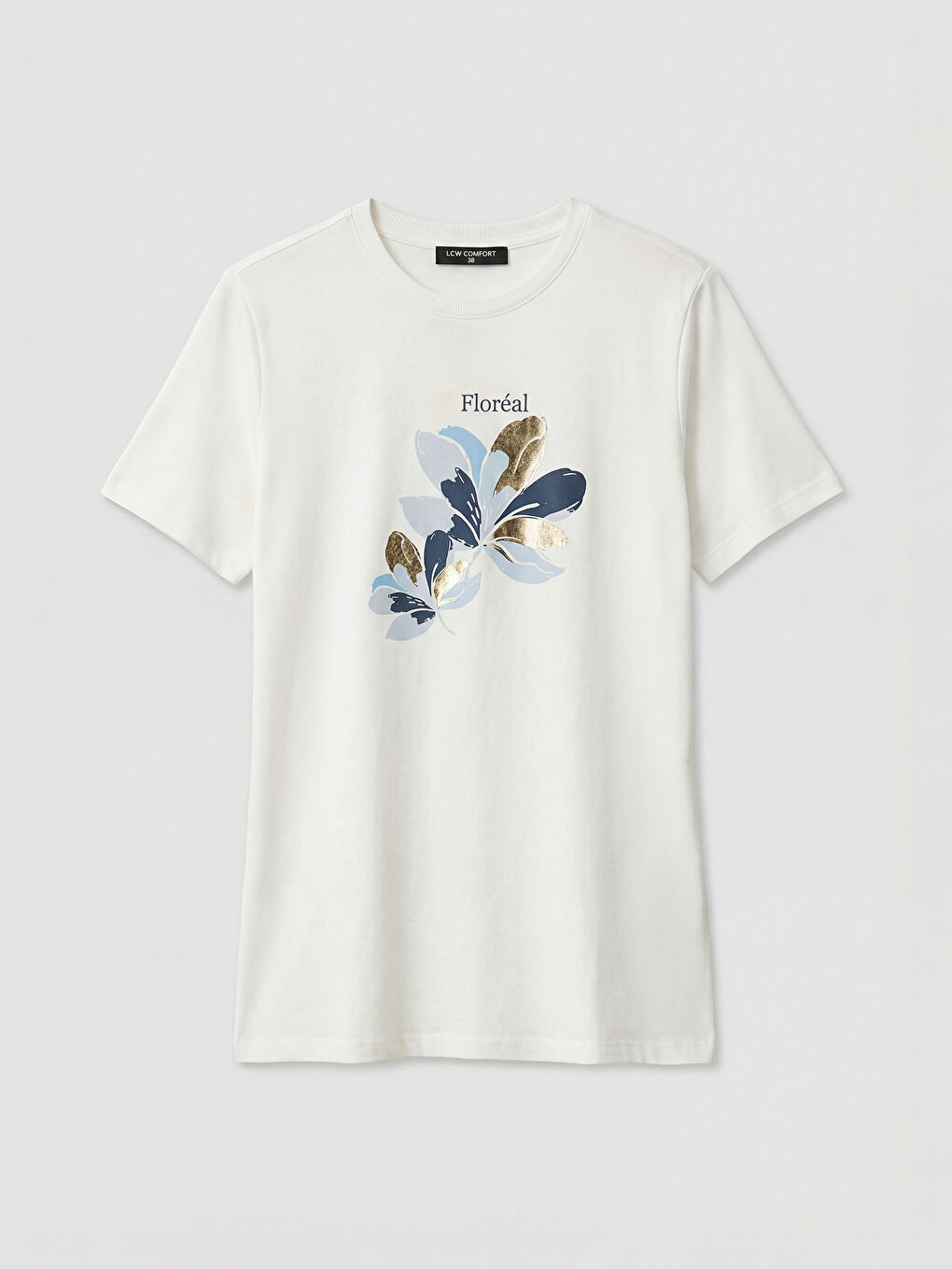 Ekru Bisiklet Yaka Baskılı Kadın Tişört