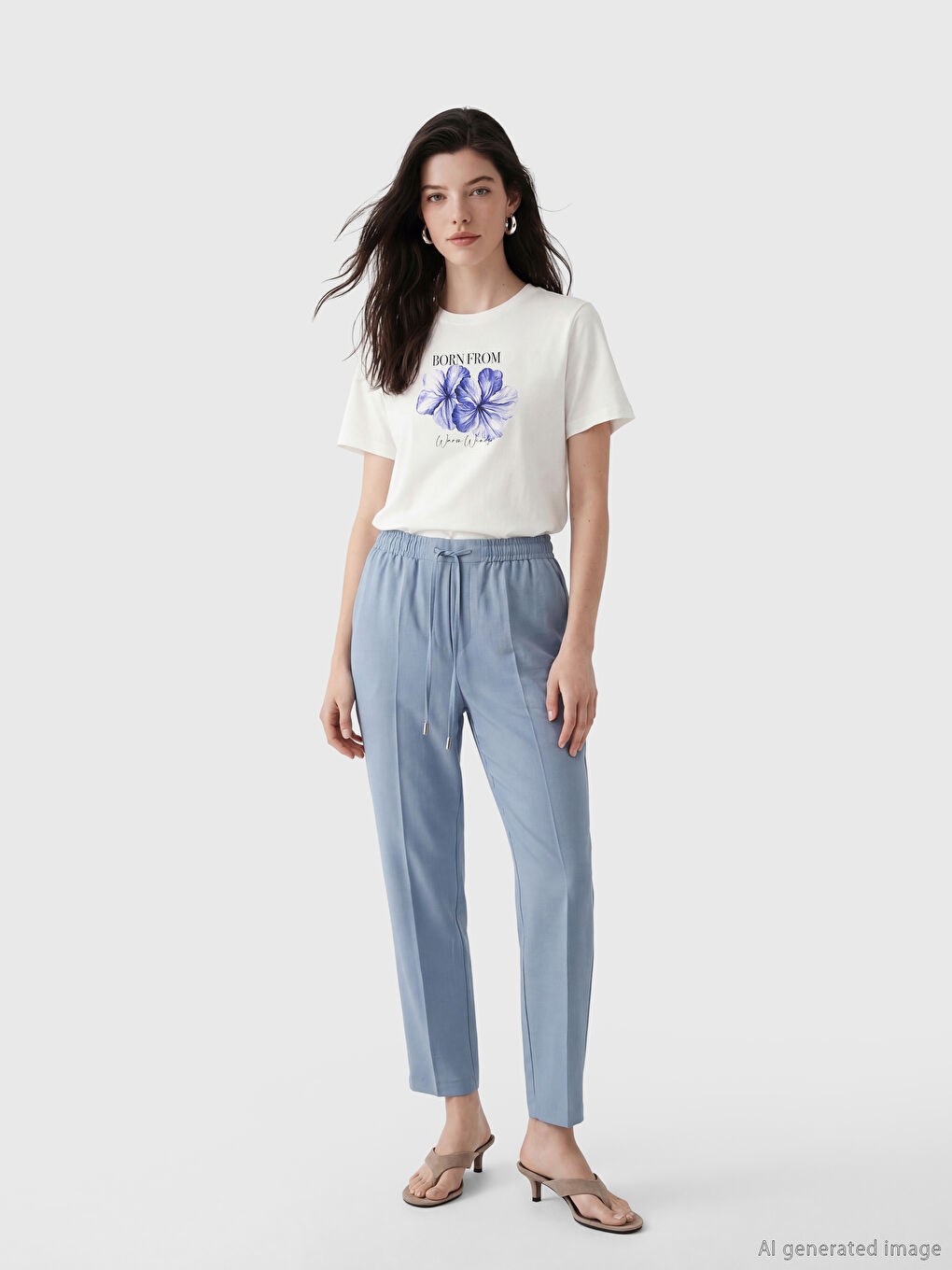 Beyaz Bisiklet Yaka Baskılı Kadın Tişört-1