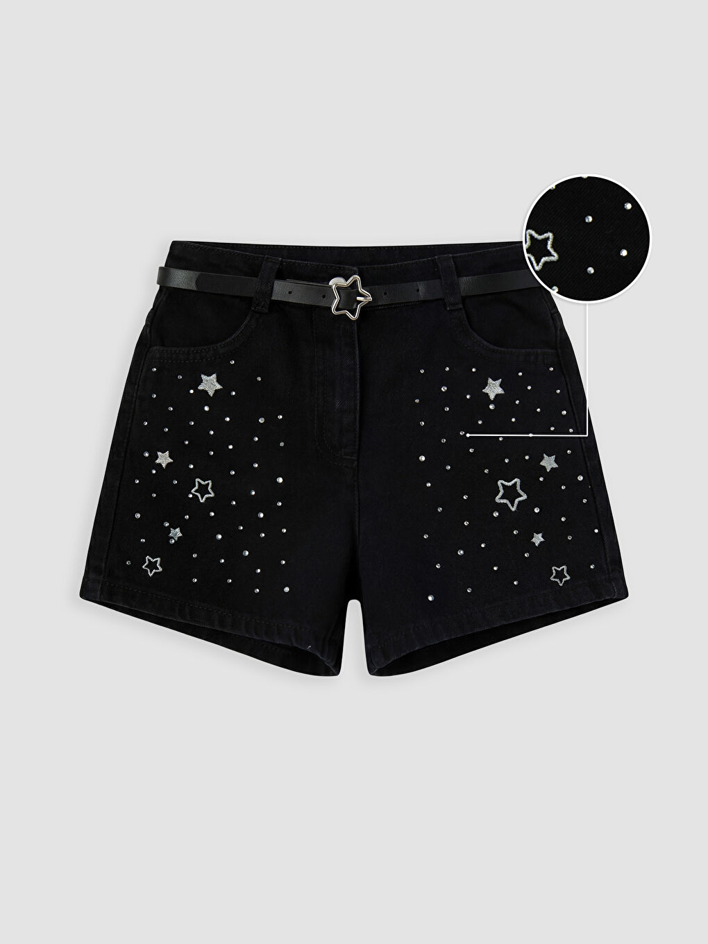 Siyah Yüksek Bel Taşlı Kız Çocuk Jean Şort