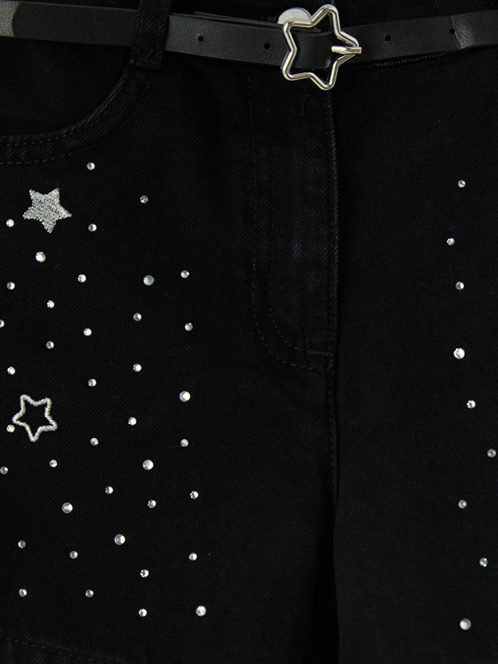 Siyah Yüksek Bel Taşlı Kız Çocuk Jean Şort-2